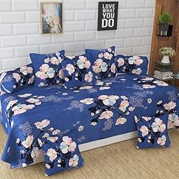 Fibre Touch Diwan Set Cotton 8 Piece Diwan Set (1-Bed Sheet 60x90Inch | 2-Bolster Cover 16x32 Inch | 5-Cushion Cover 16x16 Inch) Blue-image-97