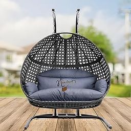 Hindoro Wrought Iron Rattan Wicker Double Seater Swing with Stand and Cushion for Outdoor Patio Balcony Garden Terrace Living Room Relaxing Chair, Powder Coated Furniture (Black with Grey)-image-61