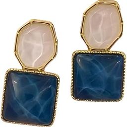 Geometric Statement Drop Earrings, Blue and White Gemstones, Gold-Plated, Hexagonal and Square Design-image-41
