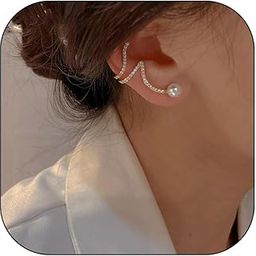 Rhinestone Pearl Climber Crawler Earrings for Women Gold Pearl Ear Cuff Pearl Cartilage No Pierced Earrings Jewelry Gifts for Women-1