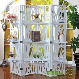 White Carved Room Divider 4 Panel Room Screen Divider, Room Divider Wall with Wooden Storage Shelves, Handicraft Design Portable Room Separation Divider-image-11