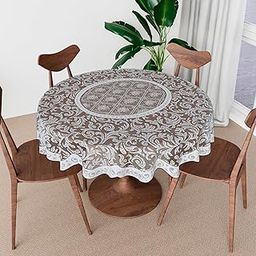 Kuber Industries Cotton Round Table Cover | 40x40 Inch | Tabletop Cover | Net Table Cloth for Round Tables | Coffee Table Cover | Kitchen Tablecloth | Table Cover for Hall Decor | Leaf Design | Grey-11