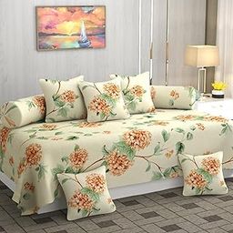 RRB Textile diwan Cover Set 8 Piece, diwan Covers for Living Room, Glace Cotton diwan Set 8 Pieces (1 Single Bedsheet, 2 Bolster Covers, 5 Cushion Covers) (Rose-Cream)-image-107