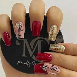 FWS Artificial fake Press On Nails Art Set (Set Of 20) Reusable Nails Extension,BridalNails,Stick-On Nails,Manicure Art Set, AcrylicNails,False Nails,DesignerNails | Nail Glue, Nail file, cuticle pusher, cleaning wipe | Glossy Red Golden Glitter Leaves Shape Medium Square-image-91