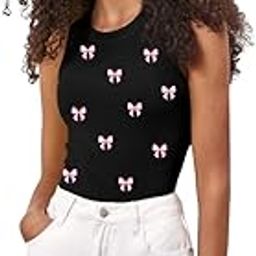 Women's Sleeveless Bow Print Ribbed Tank Top - Cute Fitted Cotton Blend Vest for Summer - Casual Streetwear Crop Top-image-52