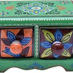 Embossed Painting Handmade Wooden and Ceramic 2 Drawers Small Chest Jewellery Organizer Desk Table (Green)-20