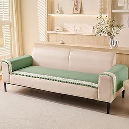 House of Quirk Chenille Fabric with Ball Tassels Sofa Cover Set – 3 Pcs Set Anti-Slip Furniture Protector for Two-Seater Sofa (2pc Armrest Covers 50x70cm + 1pc Seat Cover 70x120cm, Green)-image-95