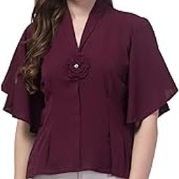 Women's Casual Top with Flutter Sleeves and Rose Brooch, V-Neck Blouse-image-0