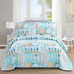 Blue Ocean Quilts Set King Size Lightweight Beach Bedspreads Coastal Seashell Conch Seahorse Starfish Bedding 3 Piece Reversible Coverlets Pillow Shams-image-60