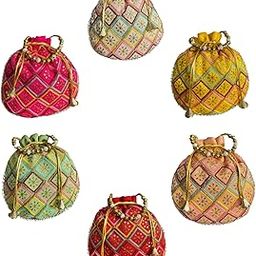 Handmade Checked Embroidery Potli | Embellished Satin Wristlet Bag for Women & Girls | Batwa Wallet | Beaded Work Purse | Clutch Bags for Return Gifts | Drawstring Closure Potli-image-48
