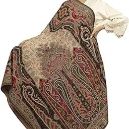 Women's Kashmiri Designer Jamawar Kaani Woollen Shawl Antique Heritage Woven Mughal Jacquard Design with Woven Kashmiri Paisleys Palla Warm Faux Pashmina Multicolored Shawl-image-1