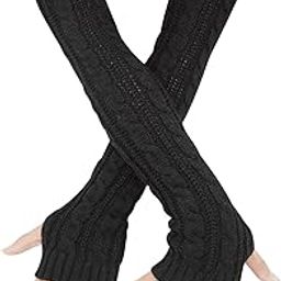 Womens Winter Warm Over Elbow Long Fingerless Thumb Hole Gloves Mittens Knitted Arm Warmer, Black, One Size-image-74