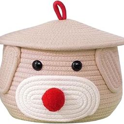 HOMEZADO Cotton Storage Basket with Lid – Cartoon Puppy Face Design | 18 x 18 x 15 cm | Cylindrical Woven Organizer Box for Toys, Clothes, Baby Essentials (Beige & Red)-image-4