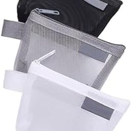 SHOPECOM 3pcs Portable Square Mesh Storage Bag Zippered Mesh Cosmetic Makeup Bag Ladies Lipstick PouchBag Small Square Mesh Coin Purse Travel Storage Carry Pouch, Grey+Black+White, Transparent-33