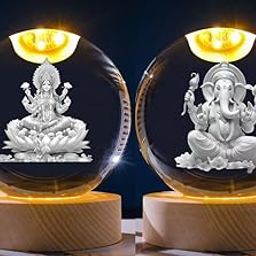 CarFrill 3D Galaxy Crystal Ball Night Lamp, Solar System Ganesh Crystal Ball Night Light, USB Table Colorful Led Wooden Crystal Ball for Home, Office, Birthday Gift Pack of 2 (Ganesh Laxmi)-image-1