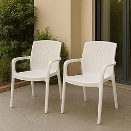 Supreme chairs Texas Plastic Armchair, Weather-Resistant & Ergonomic Rattan-Textured Chair for Home, Garden, Balcony & Office-Milky White, Set of 2-6