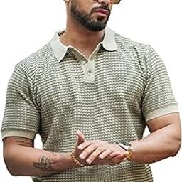 Maniac Mens Grid Textured Green & Beige Polo Neck Half Sleeve Cotton Tshirt-1