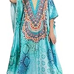 Soft Satin Kaftan with Digital Print and Rhinestones Handwork and Hidden Adjustable Belt Free Size [M-3XL]-image-64