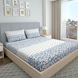 VOMZER 320 TC Cotton Feel All Around Elastic Fitted Bedsheets King Size, Premium Elastic Fitted King Size Bed Sheet for Double Bed with 2 Pillow Covers, Size- 78” x 72” (White Lily)-image-101