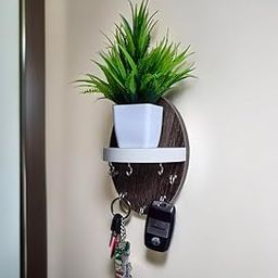 InoSlashed Key Holder for Home | Wall Stylish Key Stand | Key Chain Holders for Wall | Key Hanger | Free Artificial Plant Pot | 8 Hooks (Dark Brown - Oval) | Engineered Wood-image-22