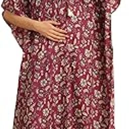 Purple Floral Print Cotton Maternity Kaftan Nighty/Free Size/Feeding/Nursing/Zipper/Drawstring/Printed/Full Length-47