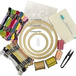 Embroiderymaterial Beginners Kit Do Cross Stitch /Embroidery on 3Size Hoops 25 Cotton 10 Lurex 2 Zari 2 Art Silk Threads 2 Needle 1 Each Pinned Flower Design Tracing Pen Fabric and Cutter,Multi-70