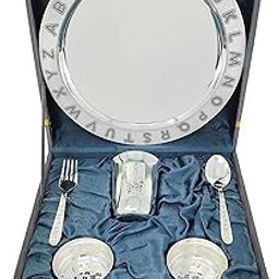 BENGALEN Silver Plated Dinner Set with Grey Velvet Gift Box for Baby Rice Ceremony Annaprashan Sanskar Gifts for Boys Girls Birthday Return Festive Home Decorative Items-image-8