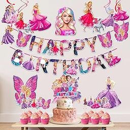 Zyozique ® Barby Princess Theme Birthday Decorations Combo / Princess Theme Decorations For Baby Girls Birthday - Paper Banner,Cardstock Cutout, Swirls Hanging with Cake & CupCake Topper (Pack Of 24)-27