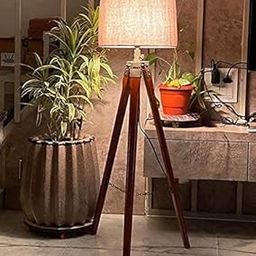 Global Time Tripod Floor Lamp for Home Decore | Corner Floor Lamp for Bedroom | Modern Crosscut Wooden Fancy Standing Stylish for Living Room | Hotal Room (Jute)-15