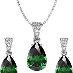 clara 925 Sterling Silver Dark Green Tear Drop Pendant Earring Chain Jewellery Set | Rhodium Plated, Swiss Zirconia | Gift for Women & Girls-picture-10