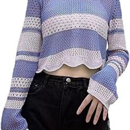Women's Korean Style Knitted Sheer Crochet Long Sleeve Hollow Out Colour Block Print Crop Top T-Shirt Sweater (One Size Fit XS-S-M Bust 32-36 Inch) 29-image-68