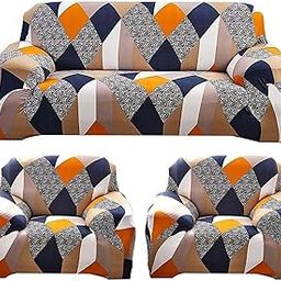 Outlay Home Sofa Cover 3 Seater and 2 Seater Fully Covered Universal 5 Seater Sofa Cover Non-Slip Sticky Elastic Stretchable Sofa Set Slipcover Protector for (3+1+1 Seater) (Orange Check)-image-52