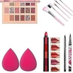 Professional Multicolor Nude Eyeshadow Pallette Makeup Kit Set with 5 Pink Makeup Brushes Set, 1 Matte Finish Shades 5 in 1 Lipstick, 36H Eyeliner, Kajal and 2 Beauty blander-(Pack of 11)-10