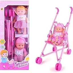 Twin sty Kids Stroller Baby Doll Toy with Real Moving StrollerToys Kids Baby Stroller with 2 Dolls Easily Foldable Baby Pram Trolley for Girls 55 cm Pink (2 Dolls Multi Color)-( with Pink Stroller)-14