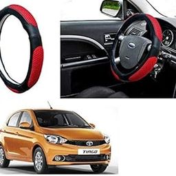 Universal Hub Faux Leather Adinox Ring Type Car Steering Wheel Cover for Tata Tiago (Ultimate Black Red)-image-37