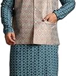Plus (Since 1958) Men's Cotton Designer Teal Kurta with White Pyjama & Nehru Jacket-image-22