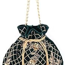 Women Dark Green Velvet Potli Bag with Golden Embroidery-image-15