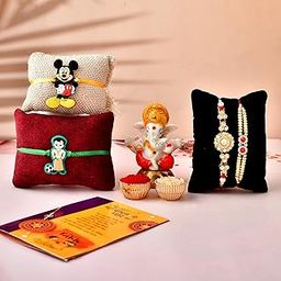 CraftVatika Rakhi Gift for Brother and Bhabhi Kids - Rakhi Combo Rakhi Set of 4 for Brother Bhaiya Bhabhi and Kids | Rakhi For brother with Gift Ganesha Showpiece Gift Premium AD Work Stone Rakhi Pearl Rakhi-image-14
