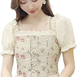 Women Korean Retro Style Vintage Floral Jacquard Lace-Up Off-The-Shoulder Smock Half Puff Sleeve Ruffled Crop Blouse Corset Top Dn956 (Fit to XS-S)-image-89