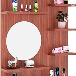 Blezaa Engineered Wood Wall Mounted Dressing Table with Round Mirror (Teak) Home Accessories Furniture Portable Solid Mirrors Shelf Office Hall Bathroom Traditional-23