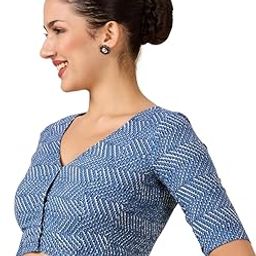 Women's Blue Pottery Printed Cotton Saree Blouse with Stretchable Sides-image-63
