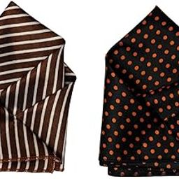 Men's Satin Pocket Square Combo – Brown Striped & Black with Orange Polka Dots – Formal Handkerchief Set for Suit & Blazer-image-86