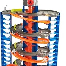 Hot Wheels Garage, Hot Wheels Parking Garage with 1 Toy Car, with Car Racing Track, Car Toy Lift, Lane Changer and Space for +60 Cars, Height: 70 cm, Toy from 4 Years, HFH03-54
