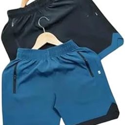 Men's Athletic Shorts, Quick-Dry Fabric, Zippered Pockets, Black and Blue, Pack of 2-picture-44