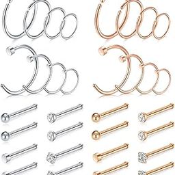 20g Stainless Steel Nose Rings Hoop L Shape Nose Studs Nose Screw Bone Silver Rose Gold Black Rainbow Pack for Women Men 28Pcs-image-28