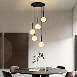 LIGHTZILLIA Mid Century Modern 5-Globe Pendant Light Hanging Fixture Light for Kitchen Island Mid Century with Globe Pendant Light Milk White Glass for Living Room Bedroom Entryway (Black Twall)-image-97