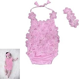 The Root And Craft Kids Birthday Photoshoot Outfit Dress Girls Floral Applique Romper with Hairband Born Baby Photography Photoshoot Props(0 to 6 Month) Pink-59