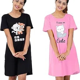 buy that trendz Womens Printed Cotton T-Shirt Dress | Long Tshirt |Long Night Wear Combo T-Shirt for Women|Night Dress (Pack of 2) M-3XL-picture-49