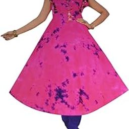 Tie-Dye Anarkali Kurta with Purple Pattern, Pink Cotton Long Dress, Sleeveless-image-62