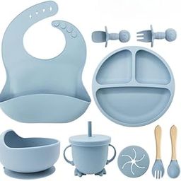 Cubbycoo Baby Feeding Set - Silicone Bib, Suction Bowl, Straw Cup with Snack Cover, Bear Fork & Spoon, Wooden Handle Fork & Spoon - Complete Mealtime Essentials for Babies & Toddlers (Dark Blue)-2